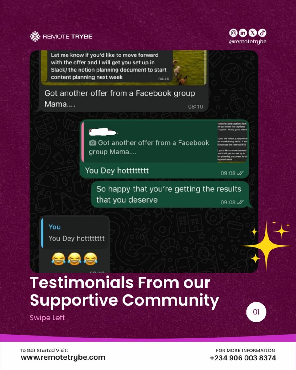 remotetrybe's tweet image. $350/month job working from home in Nigeria.
And this was the result of intentional effort and the right strategy. One of our students landed this opportunity and this is what happens when you have the right skills and know how to position yourself.
#Timcook
#Tunde
#remotejob