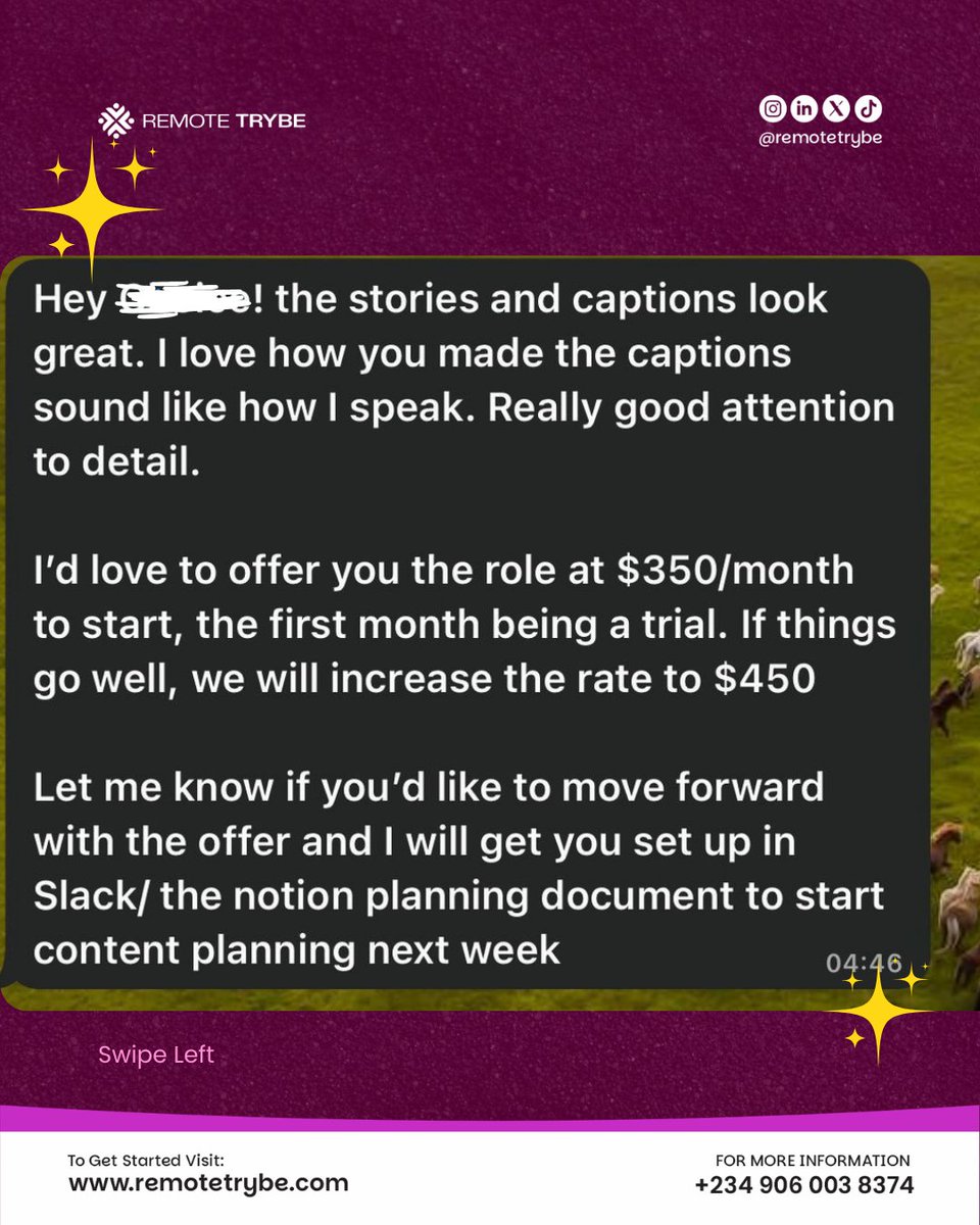 remotetrybe's tweet image. $350/month job working from home in Nigeria.
And this was the result of intentional effort and the right strategy. One of our students landed this opportunity and this is what happens when you have the right skills and know how to position yourself.
#Timcook
#Tunde
#remotejob