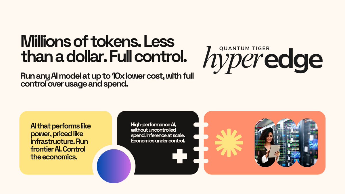 quantumtigerhq's tweet photo. For the past few months, we have been building Quantum #Hyperedge (https://t.co/NIsl8pYnfm) with a very clear observation in mind: #AI is no longer a capability problem, it’s an execution problem.
Every organization we spoke to had access to models. What they didn’t have was control. Costs were unpredictable, performance was inconsistent, & most deployments were stuck somewhere between experimentation & production without any real accountability.
Hyperedge is our answer to that.
- https://t.co/NIsl8pYnfm
It enables organizations to run frontier AI models with low-latency, unthrottled, & highly scalable inference, while maintaining precise control over usage, performance, & cost. This is not about adding another layer of abstraction. It is about making AI economically viable & operationally reliable at scale.
We are not positioning this as a self-serve developer tool, & we are not building for B2C use cases. Hyperedge is designed to work directly with organizations, deploying & optimizing AI systems in real environments where performance & cost actually matter.
Under the hood, it brings together high-performance infrastructure & intelligent orchestration to ensure that inference is not just fast, but controlled & efficient. The focus is simple: eliminate waste, improve consistency, & make deployments production-ready from day one.
Hyperedge is a core pillar of the #QuantumTiger ecosystem, alongside #QuantumViper, #QuantumAtomics, and #QuantumApolloStar. Each layer exists to solve a different part of the same problem, which is turning AI from a fragmented capability into a coherent system.
This is still early, but it is already being used in live environments.
If you are thinking about AI beyond pilots and proofs of concept, this is a conversation worth having. Drop a line to our CEO at rana(at)quantumtiger(dot)in