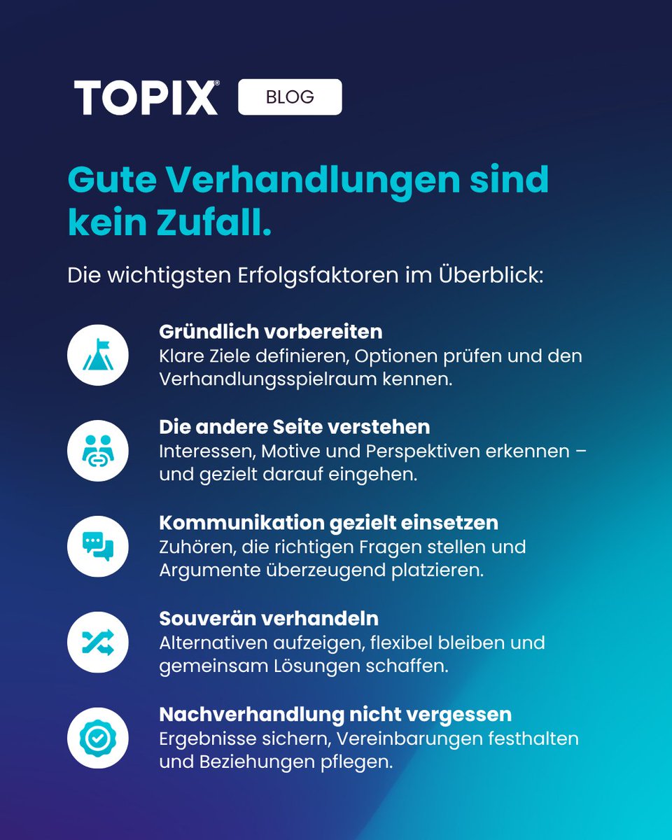 TOPIX_AG's tweet photo. Gute Verhandlungen sind kein Zufall. Mit klaren Zielen, der richtigen Strategie und einem guten Gespür fürs Gegenüber lässt sich deutlich mehr erreichen.
👉 Die wichtigsten Tipps im Überblick:
https://t.co/oYpF6rVaSz https://t.co/kMYRCMNPCq