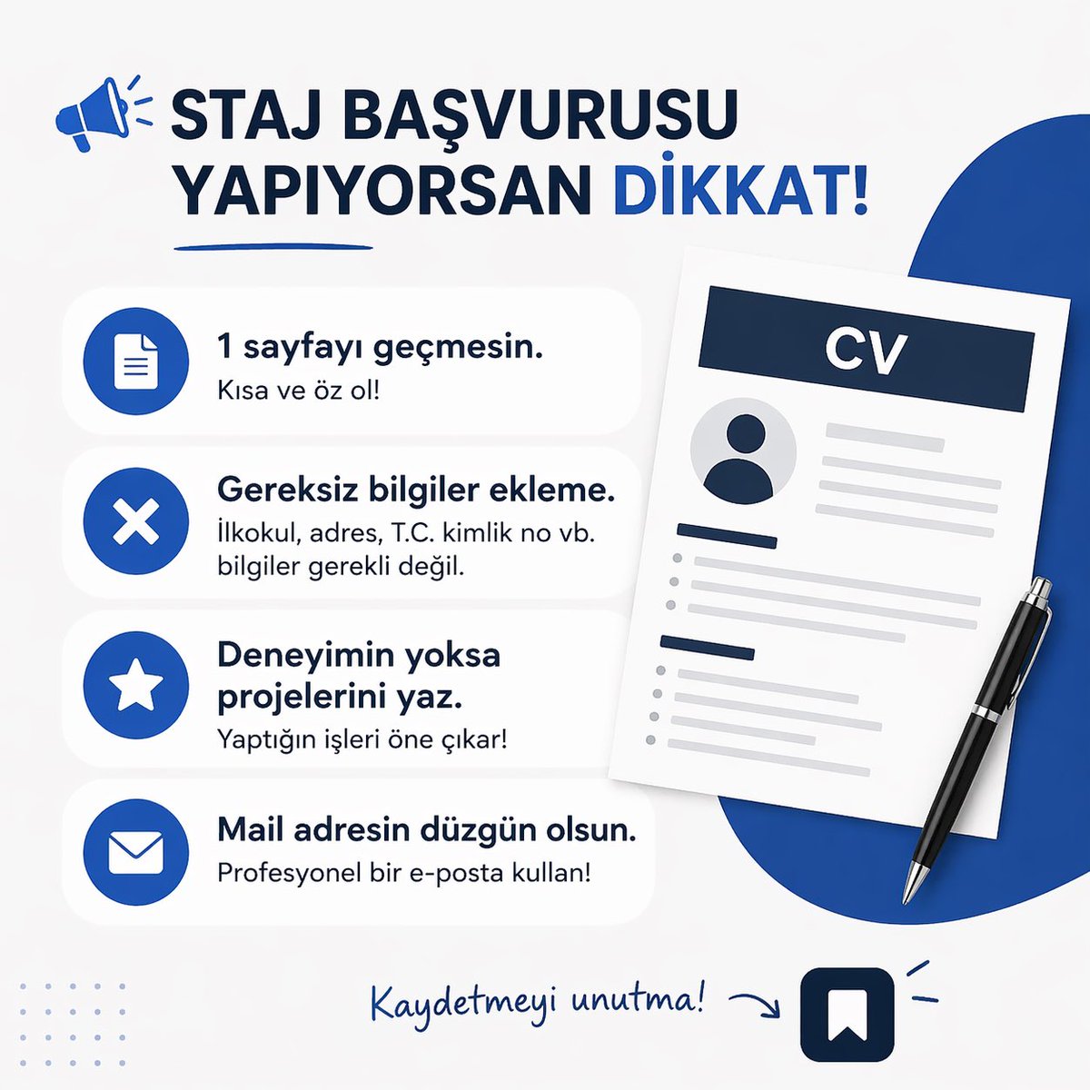 guncelogrenci's tweet photo. 🎯 Staj için CV hazırlayanlar:

✔️ 1 sayfa olsun  
✔️ Gereksiz bilgi ekleme  
✔️ Projelerini yaz  
✔️ Mail adresin düzgün olsun  

Kaydet 🔖

#staj #cv #üniversite https://t.co/myPAlIHDBK