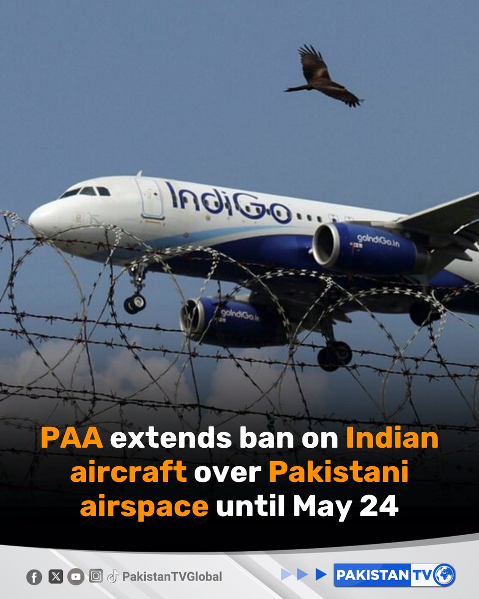 PakTVGlobal's tweet image. Pakistan extends its airspace restrictions on Indian-registered and operated flights for another month, continuing a year-long suspension.

#PakistanAirspace #India #Aviation #RegionalTensions #PakistanTV