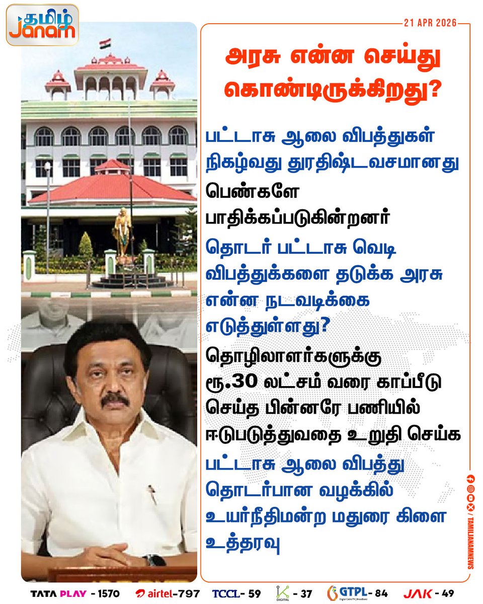 TamilJanamNews's tweet image. அரசு என்ன செய்து கொண்டிருக்கிறது?

#tngovt #madurai #highcourt #fireaccident #cmstalin #tamiljanam #newsupdates