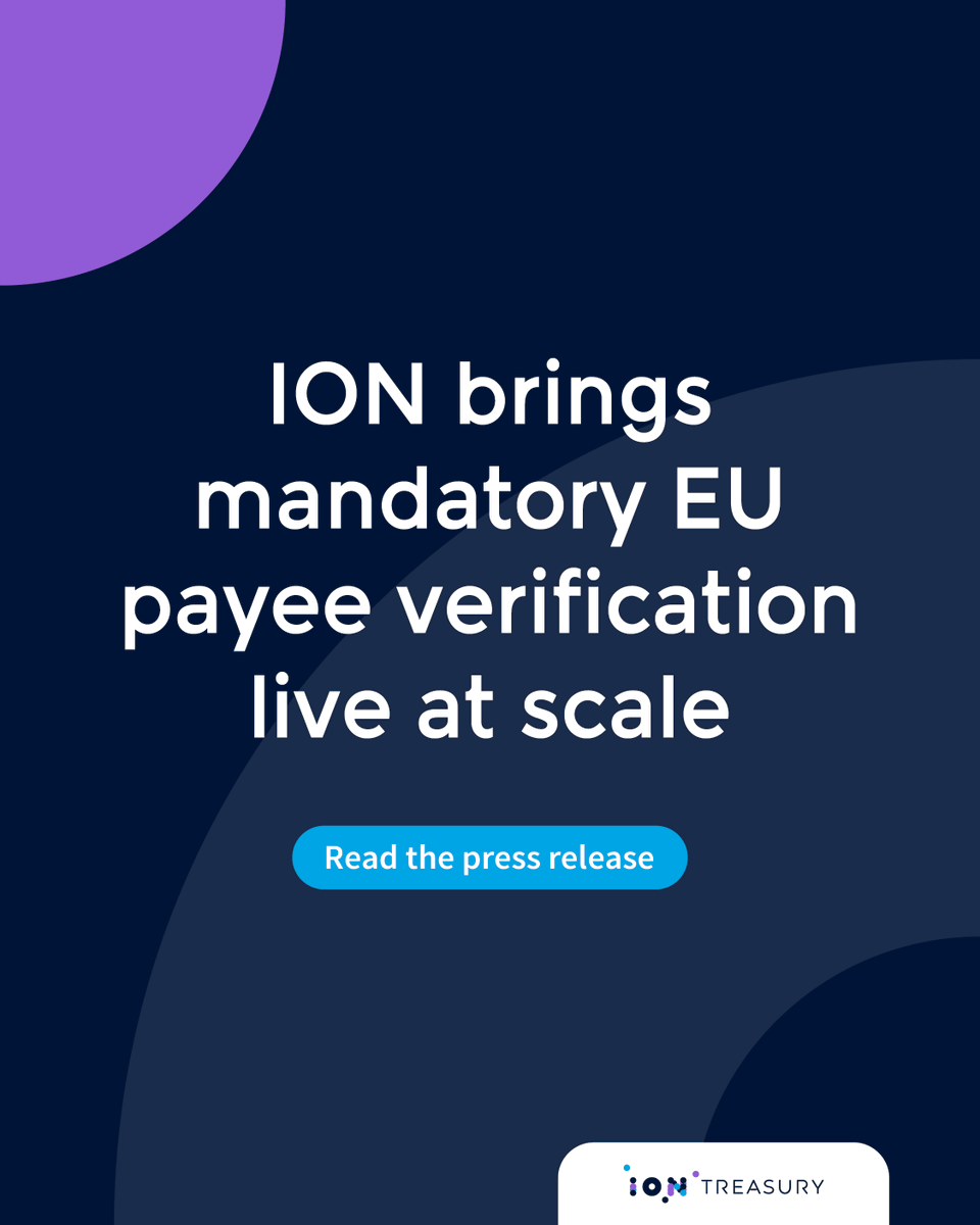 IONTreasury's tweet photo. ION Treasury brings Verification of Payee (VoP) capabilities live across its treasury solutions, enabling customers to comply with the EU Instant Payments Regulation, working alongside @KPMG on rapid implementation and rollout. Read the full press release: https://t.co/m1Rps0s5fx https://t.co/nVhCIFwoUD