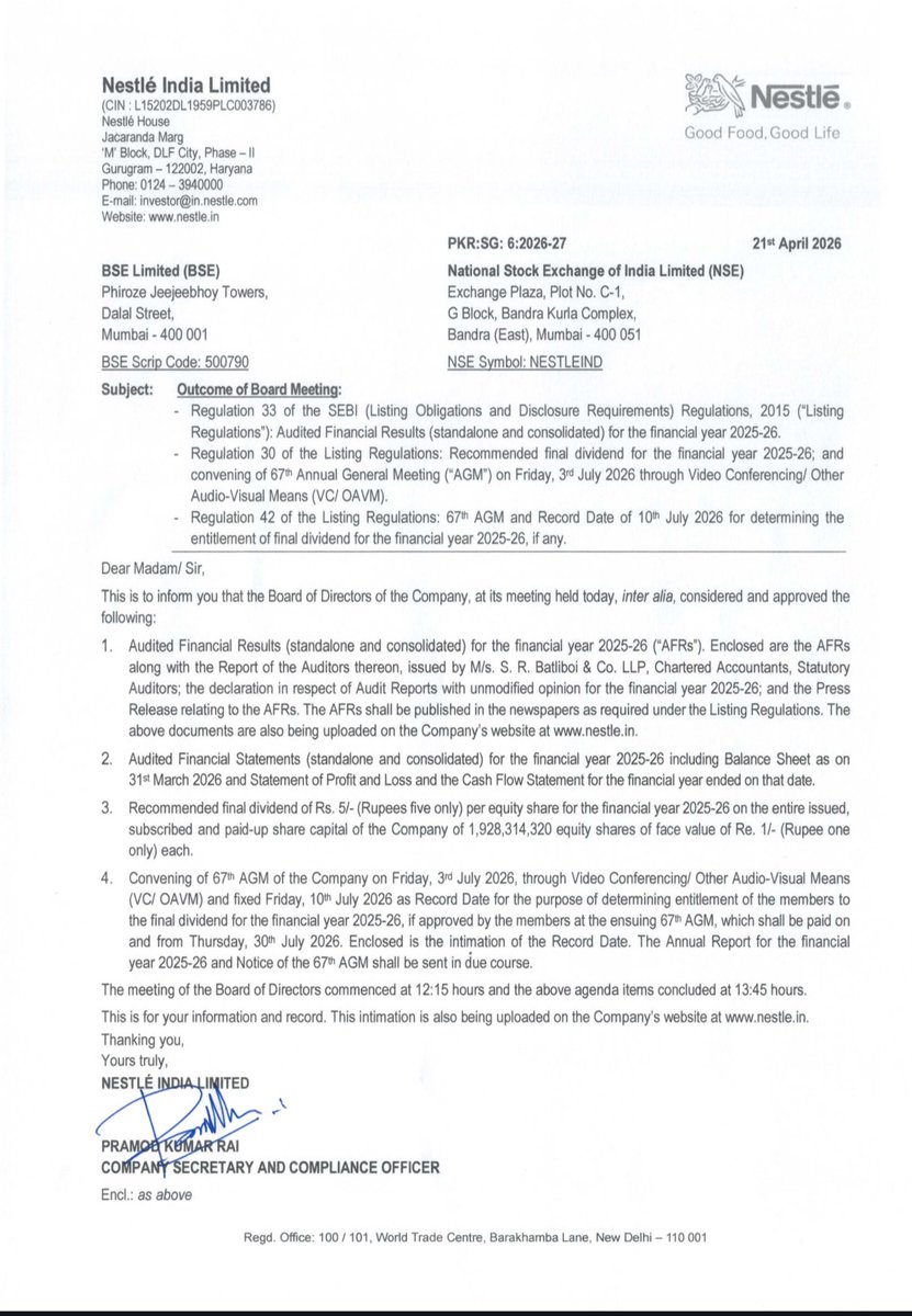 BusinessNewsPo1's tweet image. #NestleIndia Ltd Declared Final Dividend of Rs 5.00 (500%) per share of FV Rs 1 with Q4 &amp;amp; Annual Audited Financial Results 
#StockToWatch
#StockInNews 
#StockInFocus 
#StockMarket
#Nifty #NSE #BSE #Nifty50 #Sensex