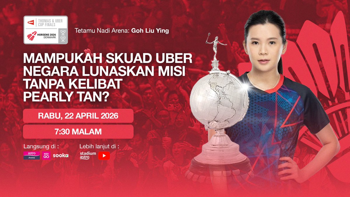ASTROARENA's tweet image. Hola!!

Bagaimana agaknya skuad badminton wanita negara mahu berdepan cabaran tanpa kelibat Pearly Tan dalam saingan Piala Uber kali ini?🏸

Mungkin Goh Liu Ying mampu berikan gambaran  jelas 'LIVE' dalam Nadi Arena jam 7.30 malam, 22 April..See u Guys!🔥

#NadiArena
#uber 
#BAM