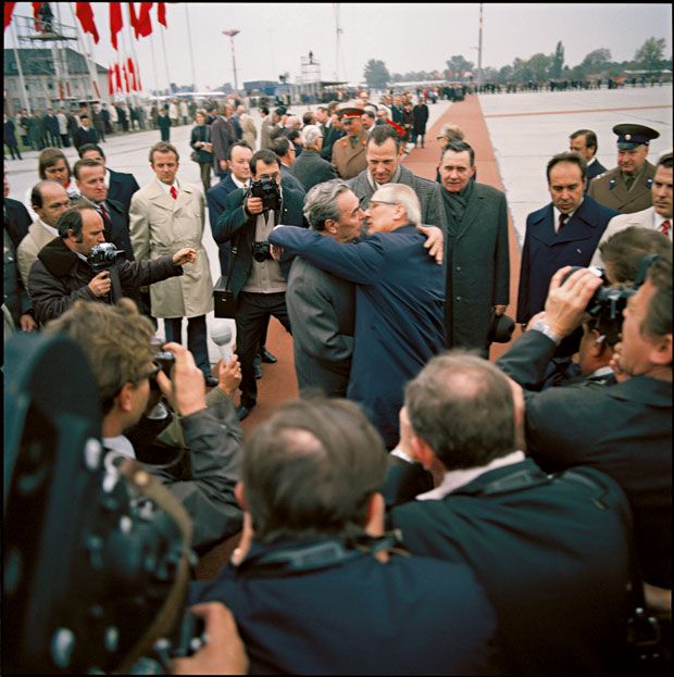 Erich Honecker greets Leonid Brezhnev at Schönefeld Airport, East Berlin, 1974.
