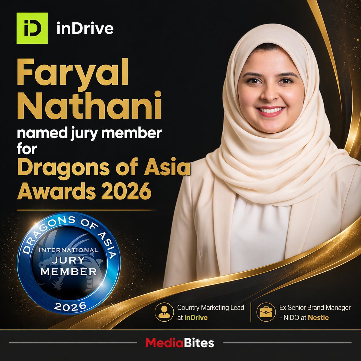 immiemalik's tweet image. Big win for Pakistan’s marketing scene 🇵🇰🔥

Faryal Nathani named jury member for Dragons of Asia Awards 2026 🏆

From Nestlé to inDrive — a journey of impact &amp;amp; excellence!

👏 Well deserved!
Read more:
mediabites.com.pk/faryal-nathani…

#DragonsOfAsia #Marketing #Pakistan