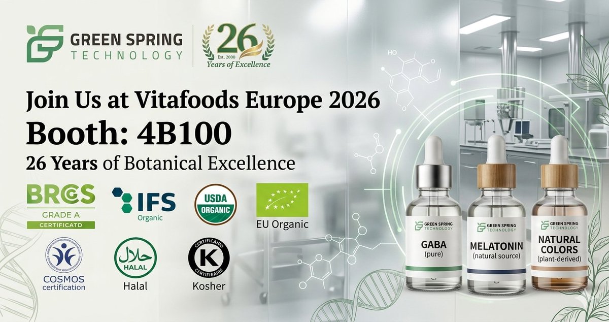 greenspringcn's tweet image. Green Spring Technology is headed to Vitafoods Europe 2026 in Barcelona! 🇪🇸

With 26 years of expertise and a "Grade A" BRCGS certification, we're ready to power your next formulation.

📍 Meet us at Booth: 4B100

#GreenSpringTechnology #VitafoodsEurope #Barcelona2026