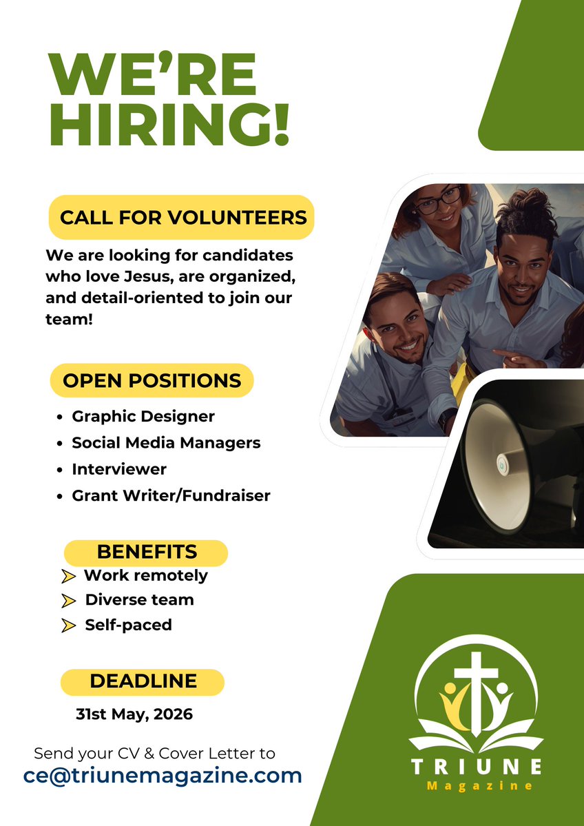 triunemagazinee's tweet image. If you're skilled in any of these areas, we need you to be a part of @triunemagazinee

#volunteering 
#remotework 
#opportunitiesforchristians 
#spreadingthegospelofChrist