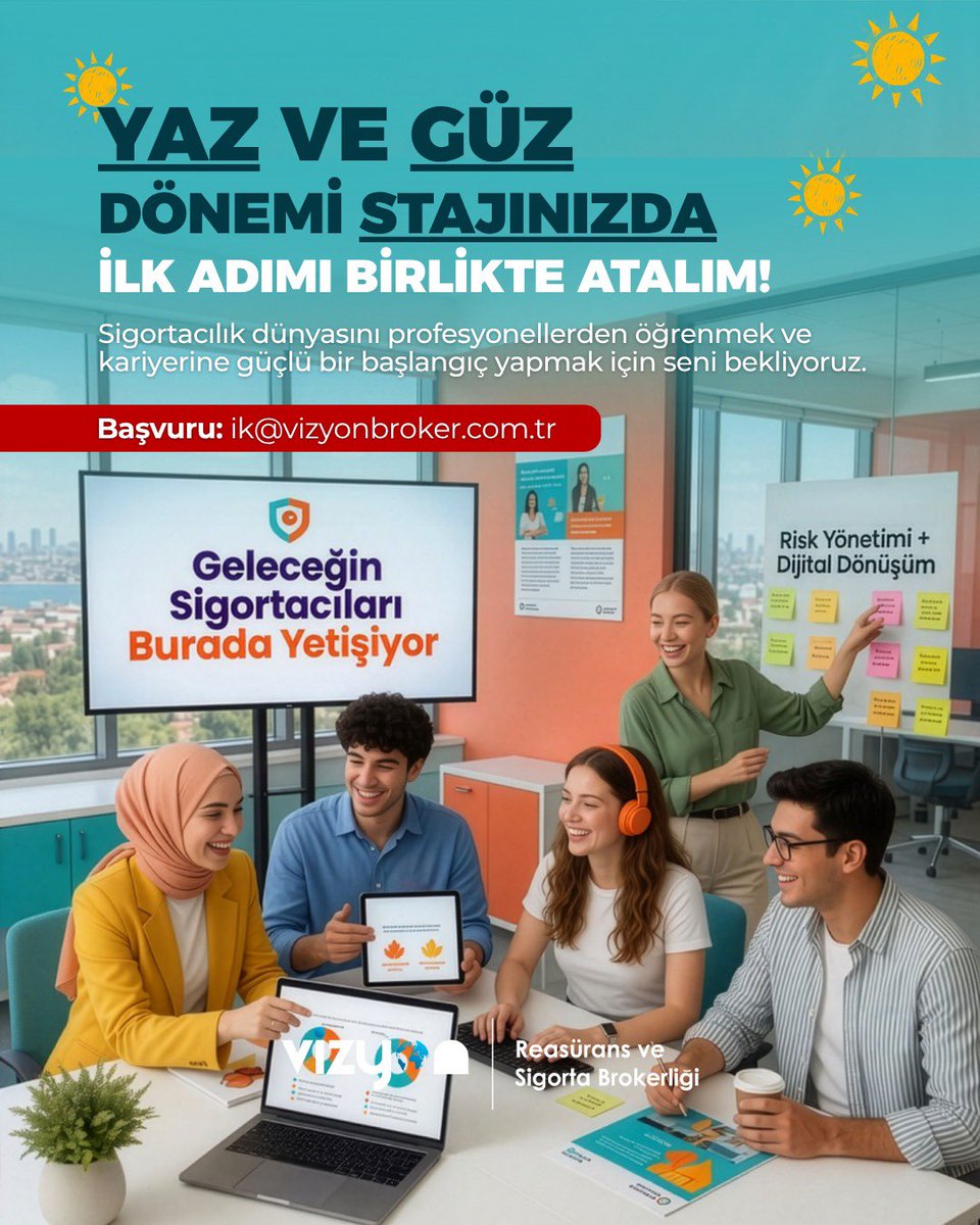 Yaz ve Güz Dönemi staj başvuruları başladı! Sigortacılık dünyasınıprofesyonellerden öğrenmek ve kariyerine güçlü bir başlangıç yapmak için seni bekliyoruz.

CV'ni bekliyoruz. 📩

📩 Başvuru: ik@vizyonbroker.com.tr

☎️ (0216) 412 57 57
💻 vizyonbroker.com.tr