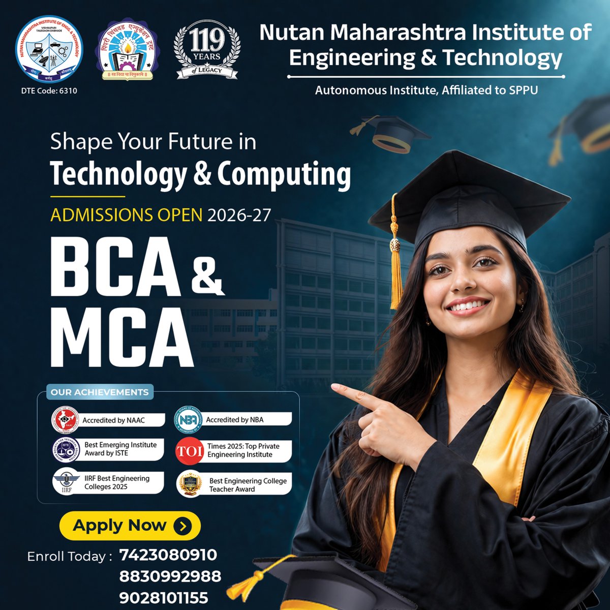 NMIETPUNE's tweet image. 🎓 Admissions Open 2026-27!

Kickstart your tech career with BCA &amp;amp; MCA @ NMIET 💻
Industry-focused learning | Strong placements | Proven excellence

📞 Apply Now: 7423080910

#AdmissionsOpen #BCA #MCA #NMIET #TechCareers 🚀