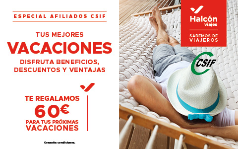 CsifUsc's tweet image. TU AFILIACION GRATIS.
CHEQUE INICIAL DE BIENVENIDA de 126€  para la primera compra en Halcón Viajes, si el gasto integro de la compra supere los 2.000€. El importe del cheque se actualizará anualmente para igualarlo a la cuota mínima de afiliación a CSIF
Ven a #CSIF te compensa