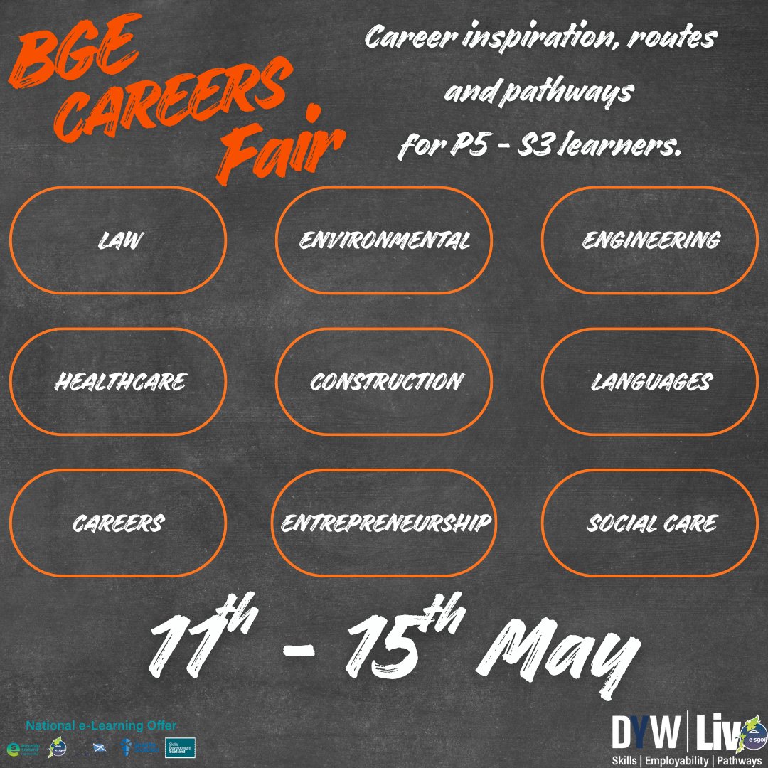 DYWLive's tweet photo. DYW Live BGE Careers fair is back!
Sessions happening throughout the week for P5 - S3 learners. 
More details and register ⤵️
🔗https://t.co/sIECMgIuQ4
@eSgoil @EducationScot @DYWScot #NeLO https://t.co/xuzS3OCws9