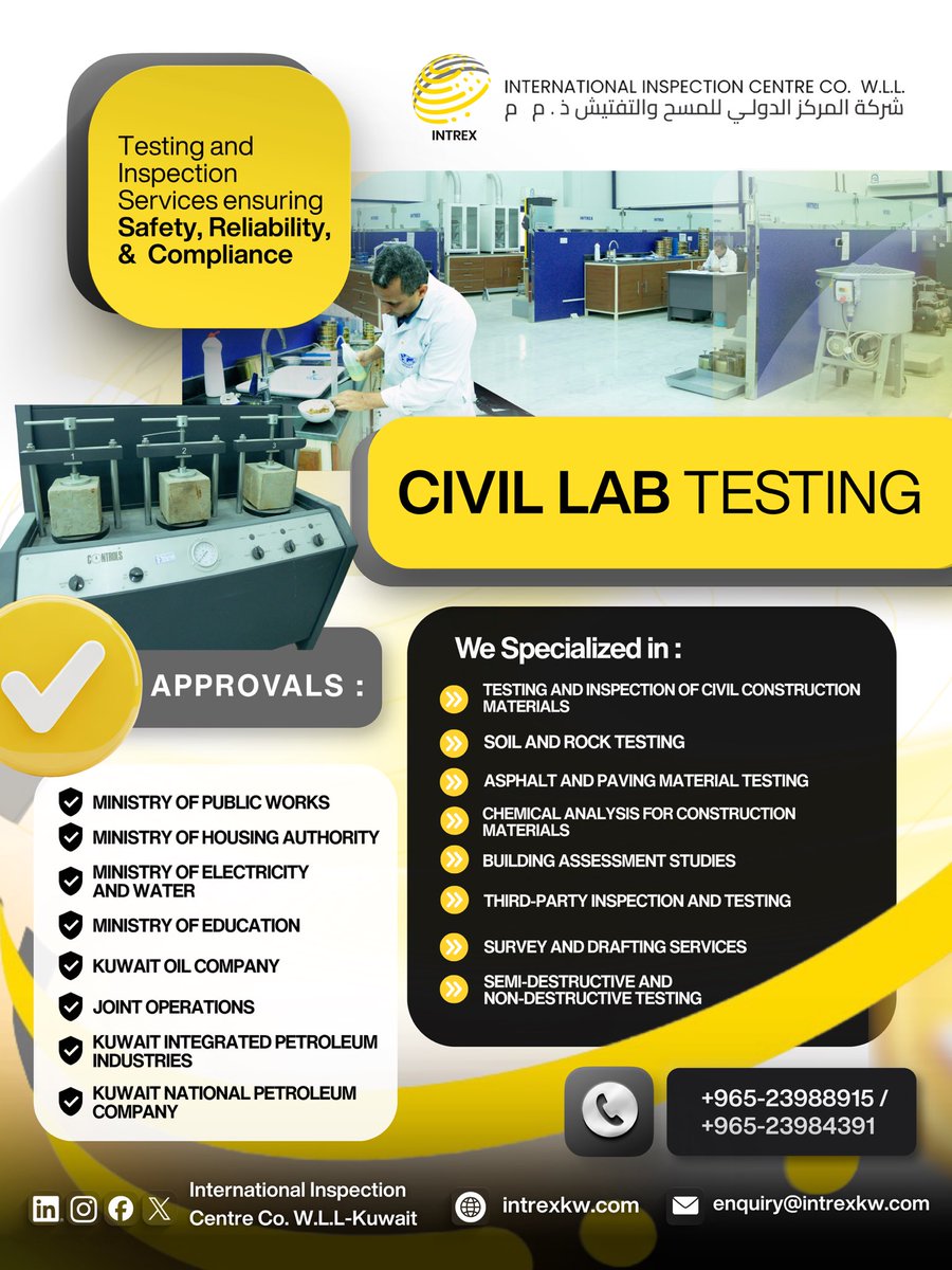intrexkw's tweet photo. Intrex delivers compliant civil lab testing—ensuring structural safety &amp; reliable performance. Certified &amp; approved by Kuwait’s key authorities.
🌐 https://t.co/nhHwQKhTP5
تقدم Intrex فحوصات مدنية متوافقة تضمن السلامة والأداء الموثوق، ومعتمدة من الجهات الرئيسية في الكويت. https://t.co/xrtcbbuW0x