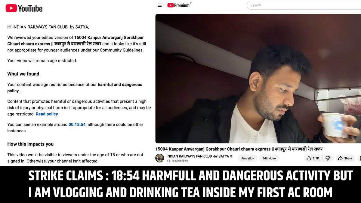 Since so many days, I am facing this issue. My videos are getting age restricted without any reason, and no one is able to answer or clear the community guideline strike from my channel which is impacting revenue and image of channel.
Please find the attached images also please