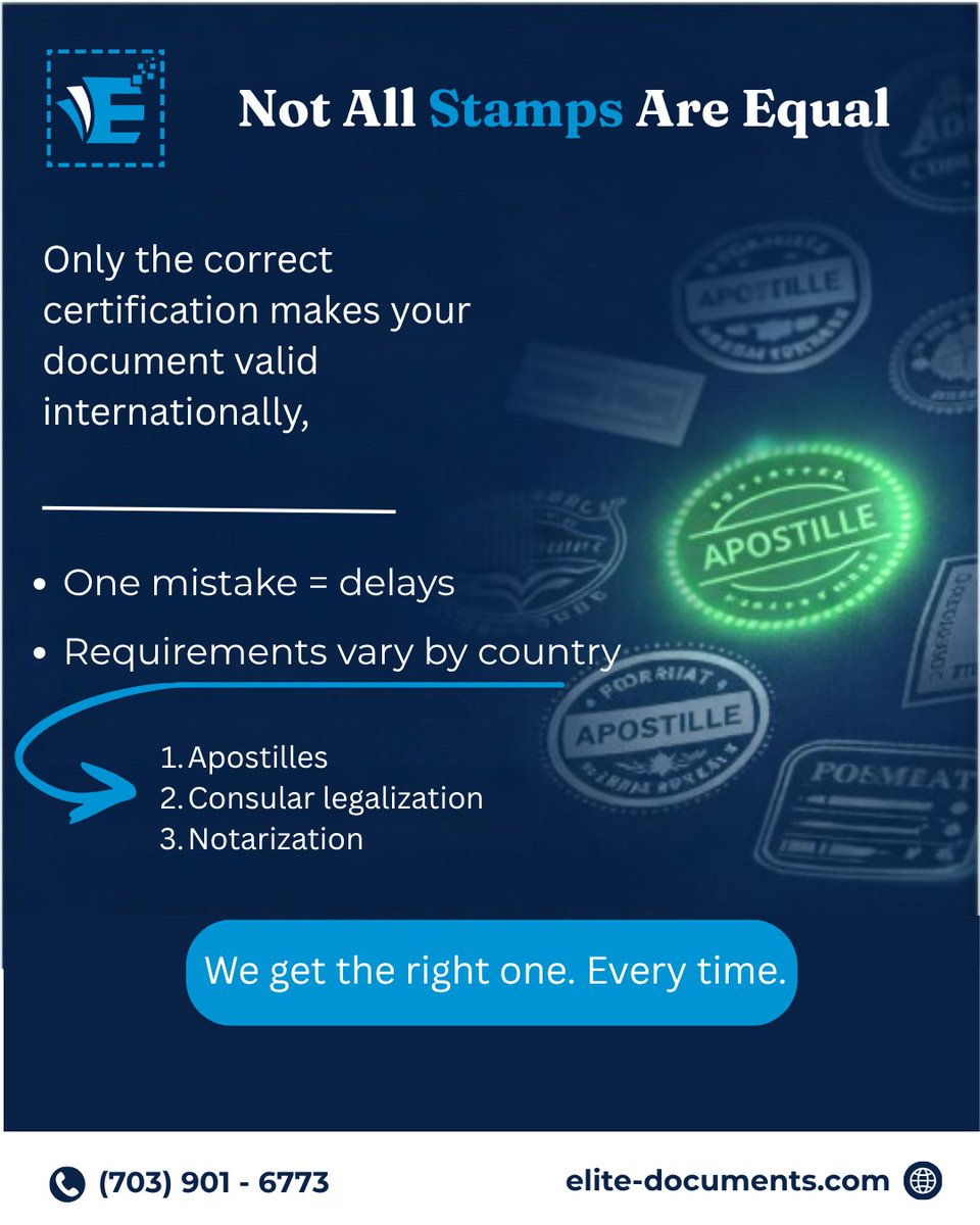 EliteDocs's tweet photo. Apostille. Legalization. Notarization.

Not all stamps carry the same weight and one wrong step can cost you time, money, and opportunities.

We get it right the first time, every time. 

📞 (703) 901 - 6773
🌐 https://t.co/k2AVQd0NlM https://t.co/MRFxg320AW