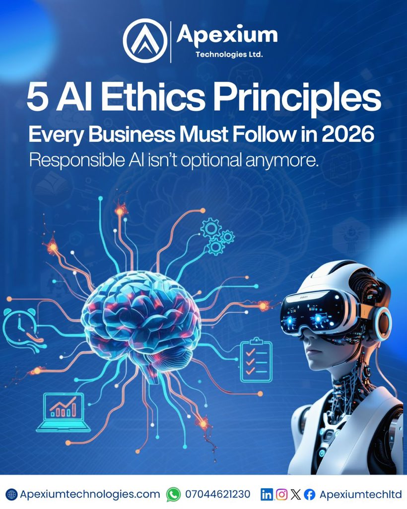 ApexiumTechLtd's tweet photo. 5 AI principles every business needs in 2026:

Transparency
Fairness
Privacy
Accountability
Safety

Use AI responsibly. That’s the real advantage. 

#AI #ResponsibleAI #TechEthics #BusinessGrowth #Apexium https://t.co/t3qBrQ10Js