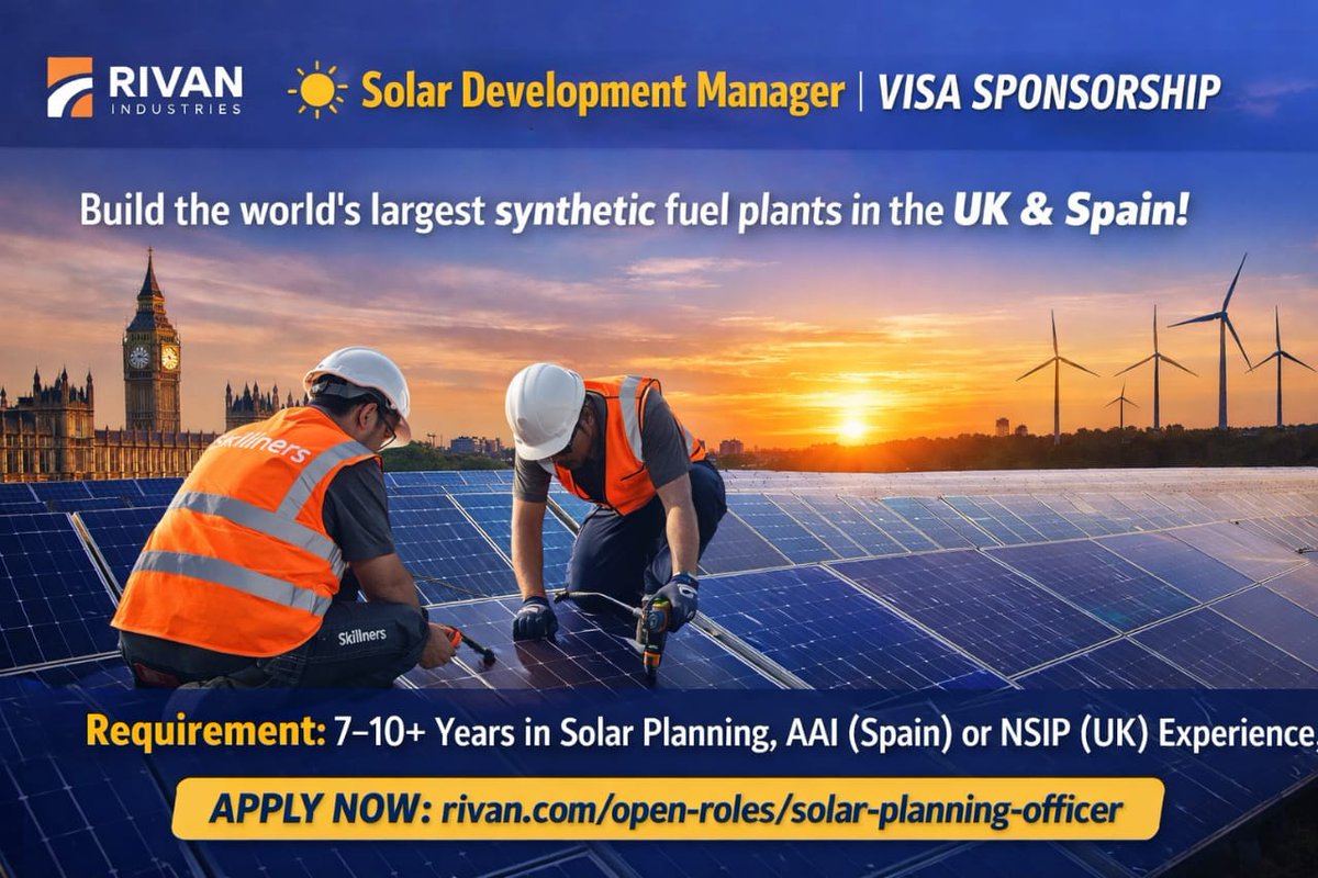 skillners's tweet image. ☀️ Solar Development Manager | Sponsorship

📍 London + Spain travel | 💷 £80K–£100K

✔️ 7–10+ yrs solar planning
✔️ AAI/NSIP experience

🚀 Apply: t.me/skillners/1798

#UKJobs #VisaSponsorship #SolarJobs #Skillners