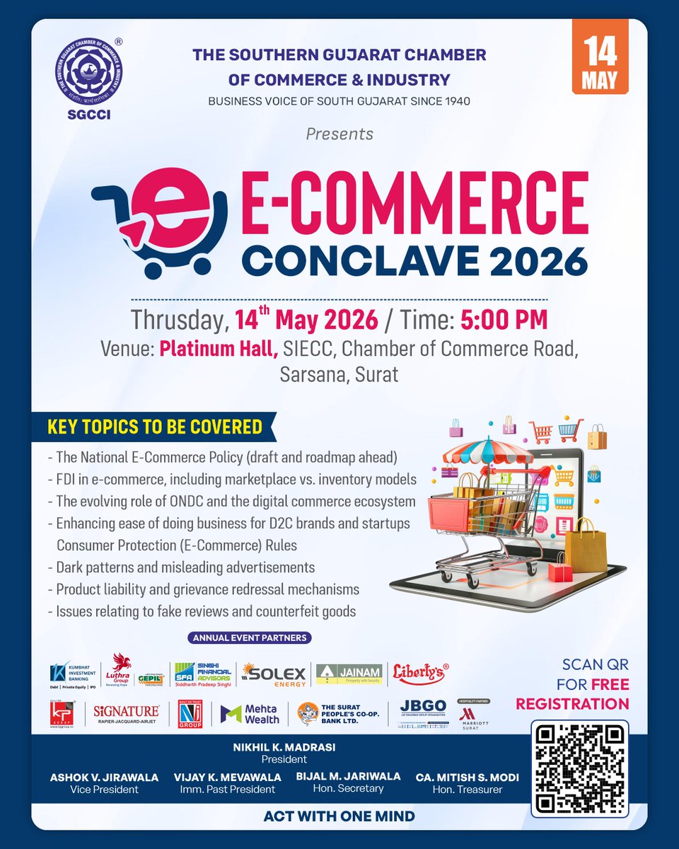 SGCCI_Surat's tweet image. 🚀 E-Commerce Conclave 2026

Stay ahead of trends, policies &amp;amp; digital disruptions shaping India’s online business landscape.

📅 14 May 2026 | 🕔 5:00 PM | 📍 Sarsana, Surat
#SGCCI #Ecommerce #DigitalBusiness #StartupIndia