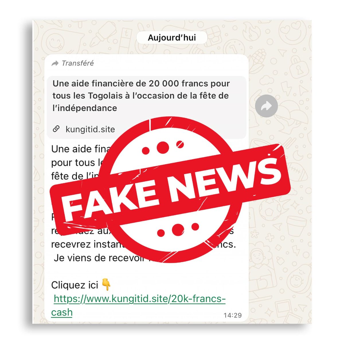 DixNeuf33334's tweet image. Attention aux fausses informations
Un message annonçant une aide de 20 000 francs pour la fête de l’indépendance circule, mais c’est un fake news. Restons vigilants et vérifions toujours les sources avant de partager. Togo #Indépendance #FakeNews #Vigilance #InfoSécurité #StopIn