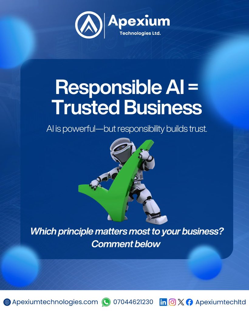 ApexiumTechLtd's tweet photo. 5 AI principles every business needs in 2026:

Transparency
Fairness
Privacy
Accountability
Safety

Use AI responsibly. That’s the real advantage. 

#AI #ResponsibleAI #TechEthics #BusinessGrowth #Apexium https://t.co/I12adQzHwS
