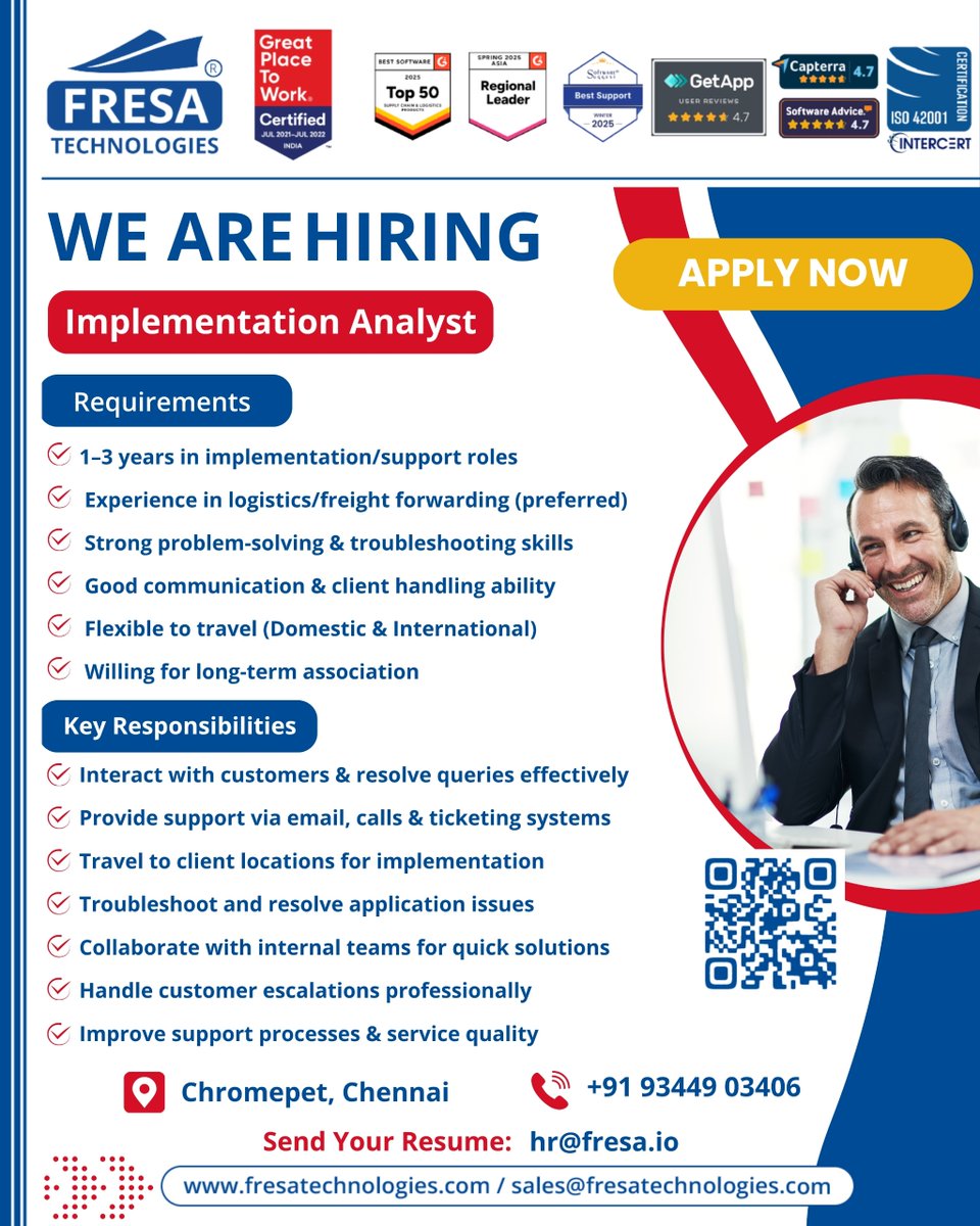 fresatechnology's tweet image. 🚀 WE ARE HIRING – Implementation Analyst

📍 Chromepet, Chennai
🕒 Full-time
💼 1–3 Years

Preferred: Nearby candidates in Chromepet / Willing to relocate

📧 hr@fresa.io
📞 +91 93449 03406
🌐 fresatechnologies.com

#WeAreHiring #HiringNow  #NowHiring #ApplyNow  #ChennaiJobs