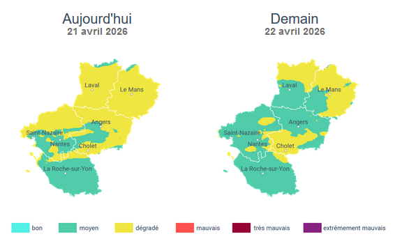 Prefet53's tweet image. 🌿 #Pollution

La #QualitéDeLAir sera dégradée 🟡 ce mardi 2⃣1⃣ avril sur l’ensemble du département de la #Mayenne.

La présence de pollens 🌼 et de certains polluants atmosphériques contribue à cette dégradation.

Demain, l'indice de l'air restera dégradé 🟡sur une partie du