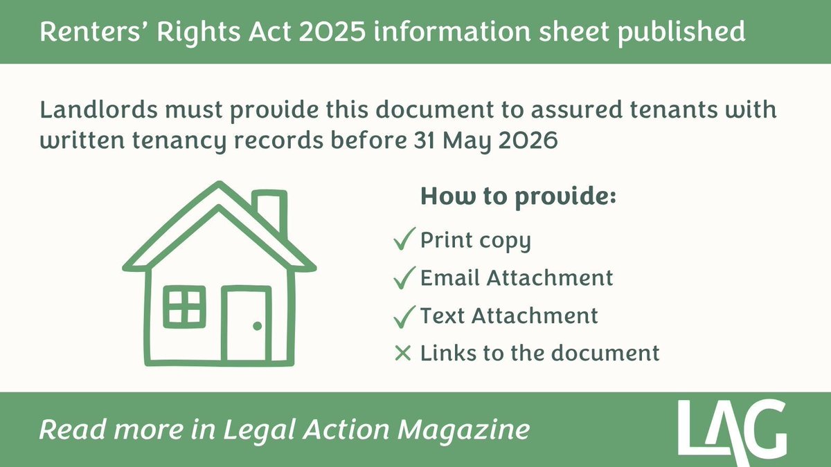 LegalActionGrp's tweet image. As 1 May approaches, the Renters’ Rights Act information sheet 2026 has been published. 

Landlords must provide it to tenants in certain assured and assured shorthold tenancies.

👉 swiy.co/u6K8

#HousingLaw #RentersRights #AccessToJustice