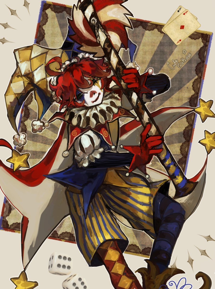 cutekokoro_030's tweet image. Cackle merrymask 
(dnd oc belongs to my friend beemo she made me have the honor of designing him YAAY ) 
#jester #originalcharacter