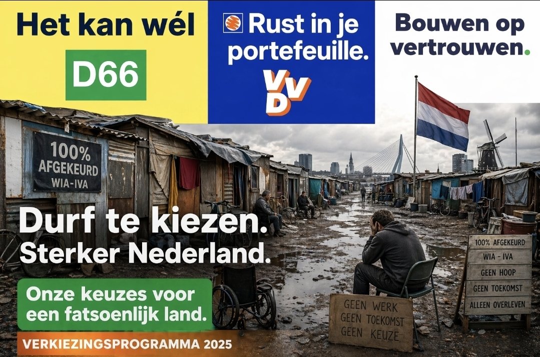 Sjekes's tweet image. De zwaksten keihard raken: WIA uitkleden, IVA schrappen, maxdagloon -20%. Tegelijk een ‘steunpakket’ dat vooral werkende rijken helpt. Dit is geen beleid, dit is afbraak van bestaanszekerheid #nietonskabinet #lc

Alles beloven voor stemmen en dan doen wat je wilt @2eKamertweets