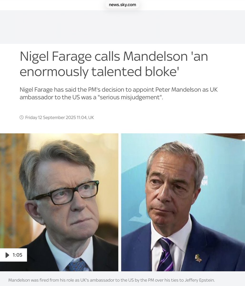 <a href="/dave43law/">dave lawrence 🐟🐟🐠</a> <a href="/LynnePetersen8/">punyvikingwarrior</a> The same Mandelson that Farage enthused over and praised? The same Mandelson that Farage offered to help negotiate trade deals with T-Rump? That Mandelson? Or maybe it was a different Mandelson entirely? 🤔

How soon these shit-for-brains gobshites forget…
#ShapeShiftingCreep