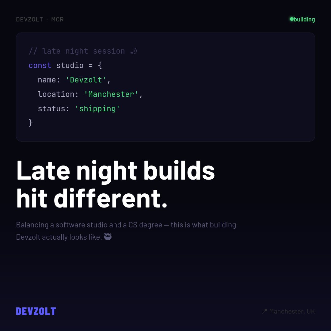 devzoltstudio's tweet image. Late night builds hit different 🌙

Balancing a studio, client work, and a CS degree — this is what building Devzolt looks like.

No shortcuts. Just consistent work and code that ships.

We're just getting started. 🖤

#DevLife #BuildInPublic #Devzolt #Manchester