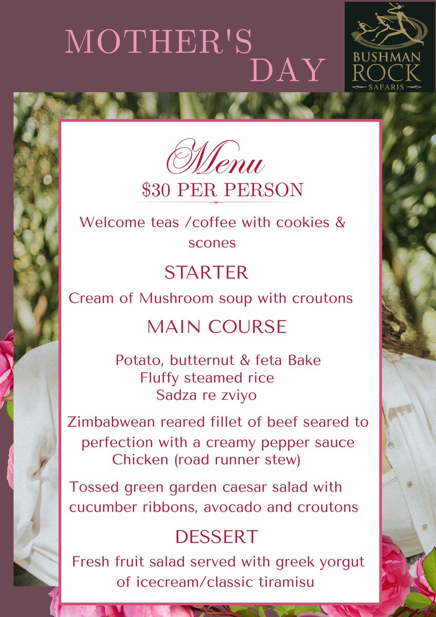 BushmanRockZim's tweet image. 🇿🇼 This is to all women out there !!!
Join us for a $30 🍽 package made with love in honour of all Mothers 🫶

Reserve your spot 👇

💬 0719 002 903 📧 info@bushmanrock.com

#bushmanrocksafaris #mothersday #10May #zimlodges #zimaccommodation
#hospitality #bushmanrocksafaris