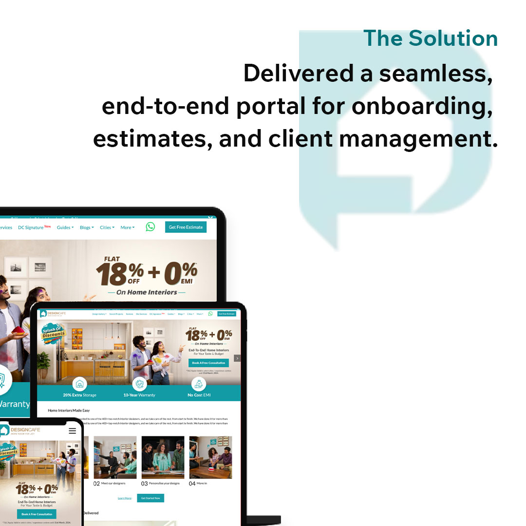 wpoets's tweet image. We built an end-to-end management portal for @DC_DesignCafe, simplifying onboarding, estimates &amp;amp; client management for architects and designers. 
Delivered: Design | Development | DevOps
🔗 Visit the website: designcafe.com

#Designcafe #SaaS #InteriorDesign #WPoets