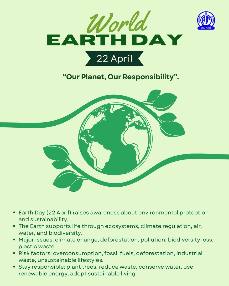 AkashvaniAIR's tweet image. On Earth Day (22 April), let’s turn awareness into action.
Plant trees, cut waste, save water, and choose sustainable living because our planet needs more than promises.

#EarthDay #Trees4Earth #RestoreNature #ClimateAction 

@dstigovza @Environment_Ke @AgriGoI @Min_of_IC
