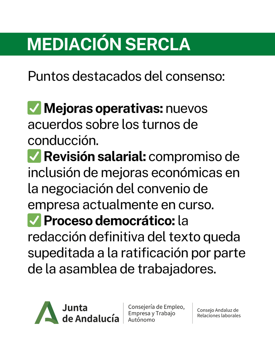 Carl_Sercla's tweet photo. 📍 ÚLTIMA HORA | Acuerdo en el #SERCLA para la empresa Metro Málaga. 🤝🚇

Tras 10 horas de mediación, se alcanza un acuerdo sobre turnos de conducción y revisión salarial.

🔹 Se evita la huelga.
🔹 Pendiente de ratificación por asamblea.
🔹 Afecta a 170 trabajadores. https://t.co/iLf85fmMb5