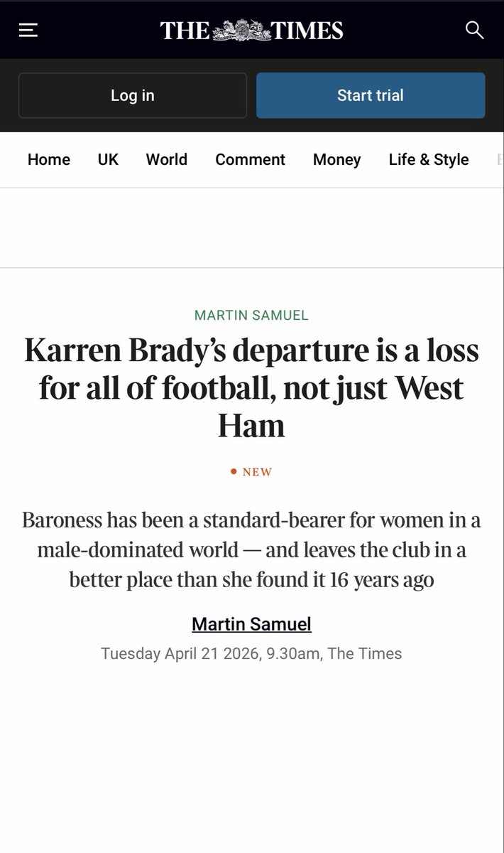 Some article from Martin Samuel.. <a href="/thetimes/">The Times and Sunday Times</a>

Karen Brady took over the club the year after West Ham finished 9th in the Premier League, we then finished 17th the year she joined and she leaves with West Ham currently sat 17th fighting to stay up, better place than she found it 🤣