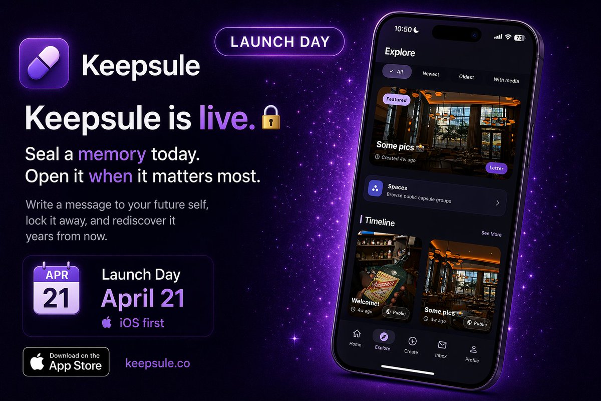 Keepsule's tweet image. 🎉 Keepsule is live! 🎉

If you could send one message to your future self…
what would you say?

Seal it today.
Open it years from now.

iOS available now:
keepsule.co

#buildinpublic #iOS #productlaunch
