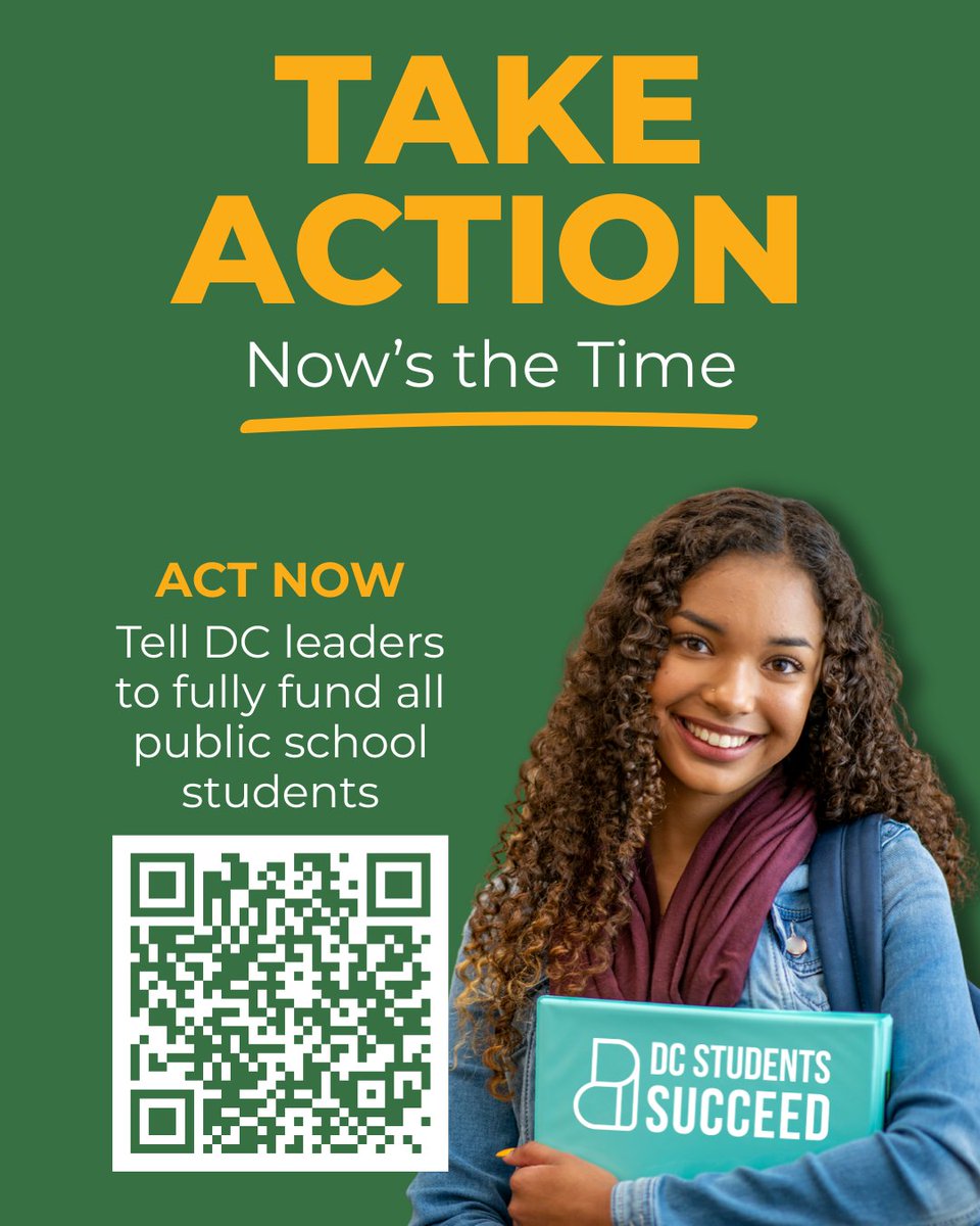 ForDCStudents's tweet image. DC’s budget decisions shape what’s possible for students across the city.

Now’s the time to speak up!
Tell #DC leaders to fully fund all public school students - and close the funding gap.

🔗 Take action today: dcstudentssucceed.org/action-center
#DCStudentsSucceed