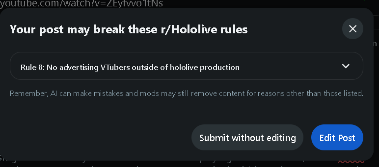 Huh.. Makin' a reddit post for Cecilia's Arknight stream. 
apparently Reddit's AI Autofilter majigger does not recognize either Cecilia or Kronii name?  
Leaning towards it not knowing Cecilia's full name as most use nicknames, I like full name and title usage. so funny though.