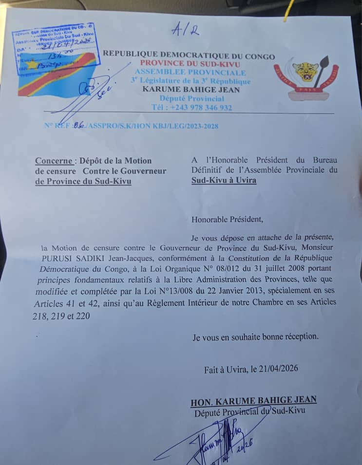 Moisecubaka9's tweet image. #SudKivu : une motion de censure visant le Gouverneur Jean-Jacques Purusi a été déposée par le député John Karume, avec le soutien de 18 élus. Jugée conforme aux textes en vigueur, elle évoque notamment, la mauvaise gestion financière, de la crise sécuritaire et bien d'autres.