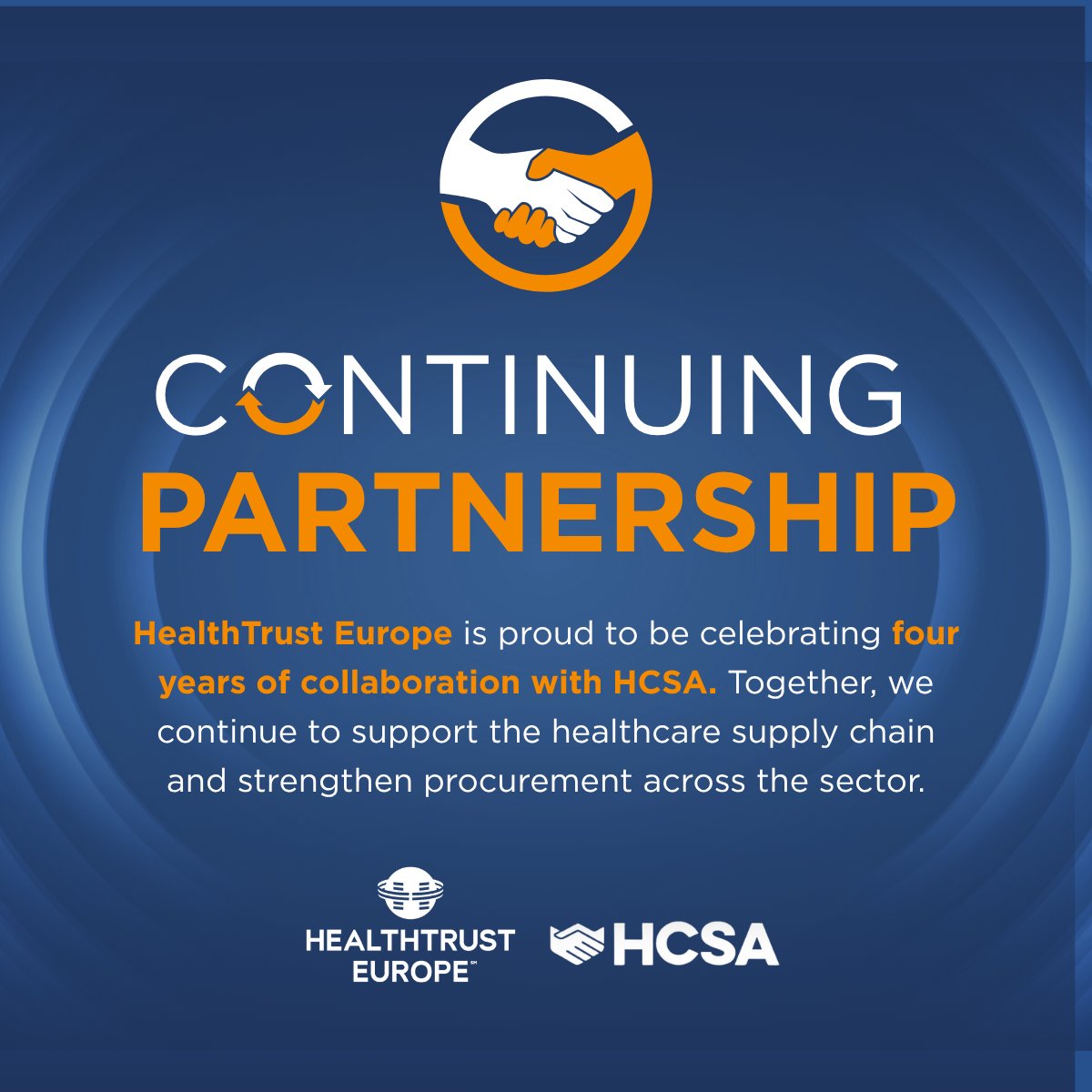 HealthTrustEU's tweet photo. We are pleased to continue our corporate partnership with the @HCSAprocurement as we enter our fourth year of collaboration.

This ongoing partnership reflects a shared commitment to supporting the healthcare supply chain community and contributing to the continued development of effective, responsible procurement across the sector.

Over the past three years, our collaboration has enabled meaningful engagement with members and supported important conversations across the healthcare supply chain.

As we move into year four, we look forward to building on this strong foundation and continuing to work together to support the evolving needs of the sector.

#HealthTrustEurope #HCSA #PublicSectorProcurement #HealthcareSupplyChain #Partnership