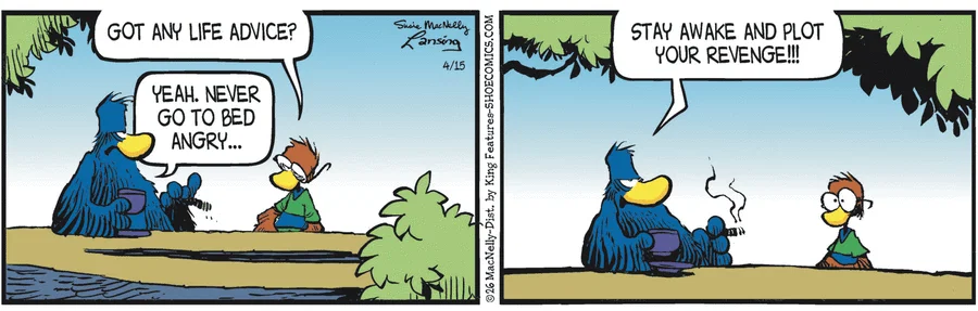 DalePederson's tweet photo. #TuesdayAdvice in #today's #comic "Shoe" by Gary Brookins and Susie MacNelly has the #eponymous #newsman Shoe #counseling Skyler on how to deal with #anger. Skyler seems to have #doubts https://t.co/UMveoAIYq7