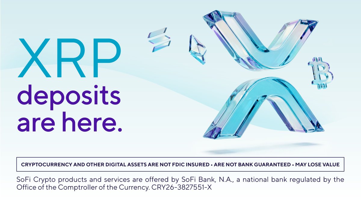 SoFi's tweet image. We’re excited to now support $XRP deposits—along with the most popular coins, like BTC, ETH, and SOL. 

Manage your portfolio in one app with the first national chartered bank where individuals can buy, sell, and hold crypto 👉 SoFi.com/crypto