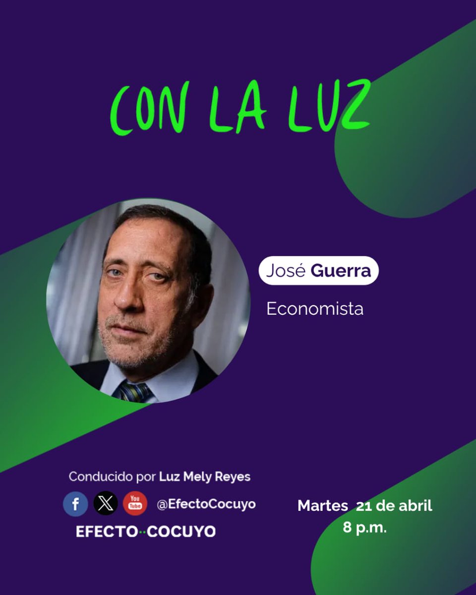 EfectoCocuyo's tweet image. 🌟@LuzMelyReyes conversará este #21Abr, con @JoseAGuerra, sobre qué pasa con la economía venezolana en una nueva edición del programa #ConLaLuz.

⏰ Transmitiremos a las 8:00 pm, por #FacebookLive, #XLive 📷 y #YouTube.