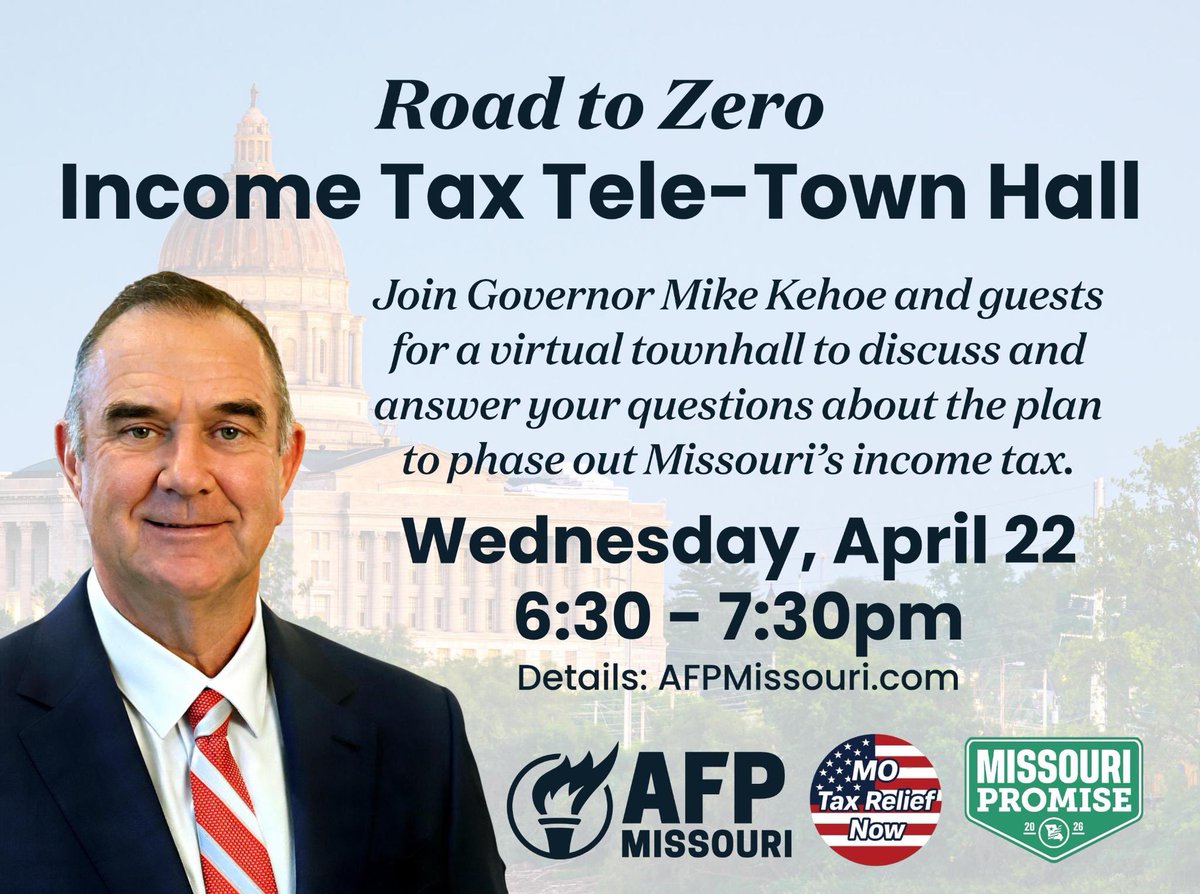 AFPMissouri's tweet image. Join us Wednesday evening for a live tele-townhall with @GovMikeKehoe!

The Governor will be joined by Dr. @aaron_hedlund, Sen. @curtisdtrent, and Rep. @BishopADavidson with @SpeakerTimJones moderating.

Listen Live Wednesday at 6:30 here: video.teleforumonline.com/video/streamin…