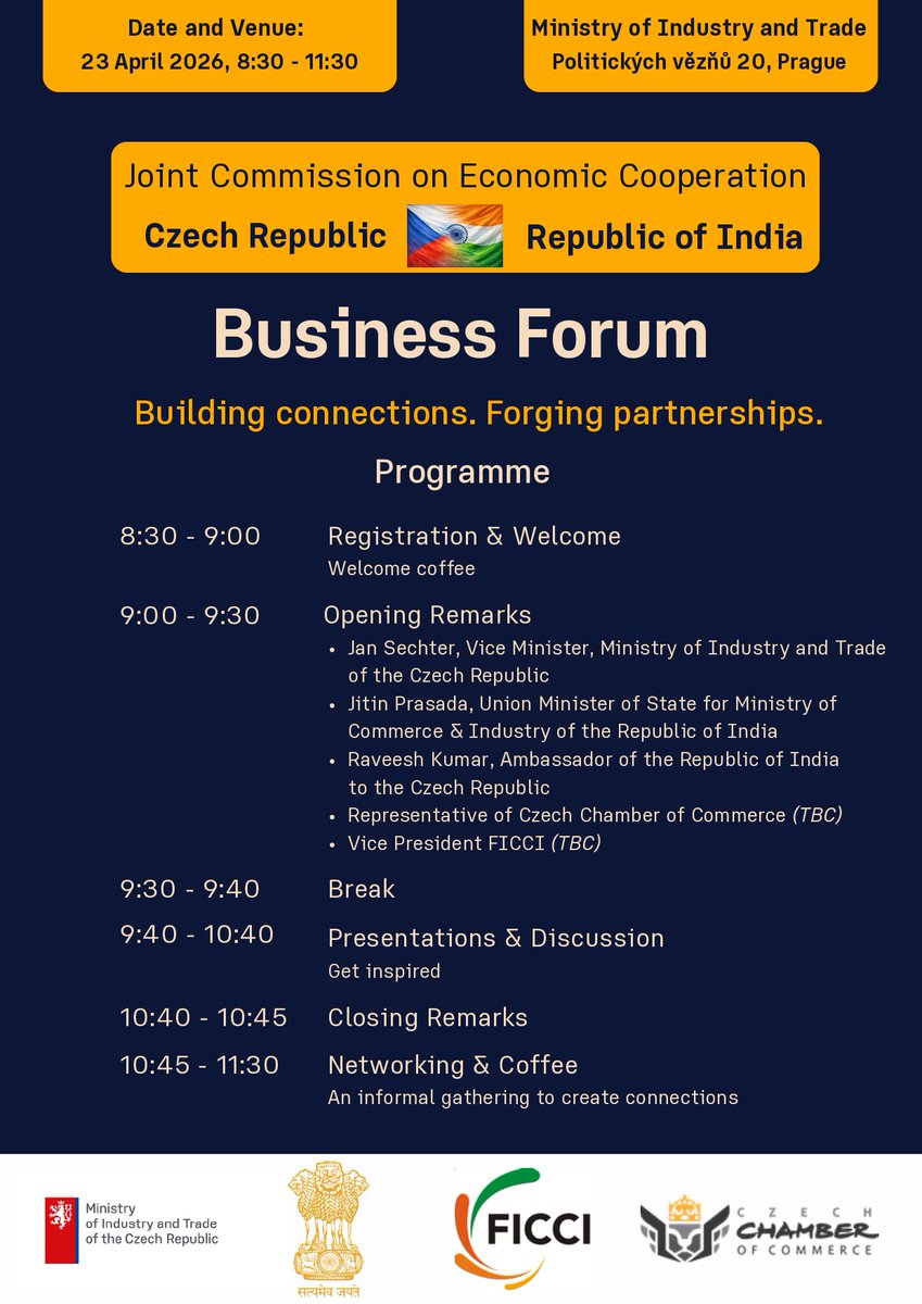 jan6869's tweet image. Joint Commission on Economic Cooperation 🇨🇿 &amp;amp; 🇮🇳 #Czech Republic &amp;amp; Republic of #India 23.4. 2026 #Prague @mpo_tweetuje @IndiainCzechia @JitinPrasada @raveesh_kumar