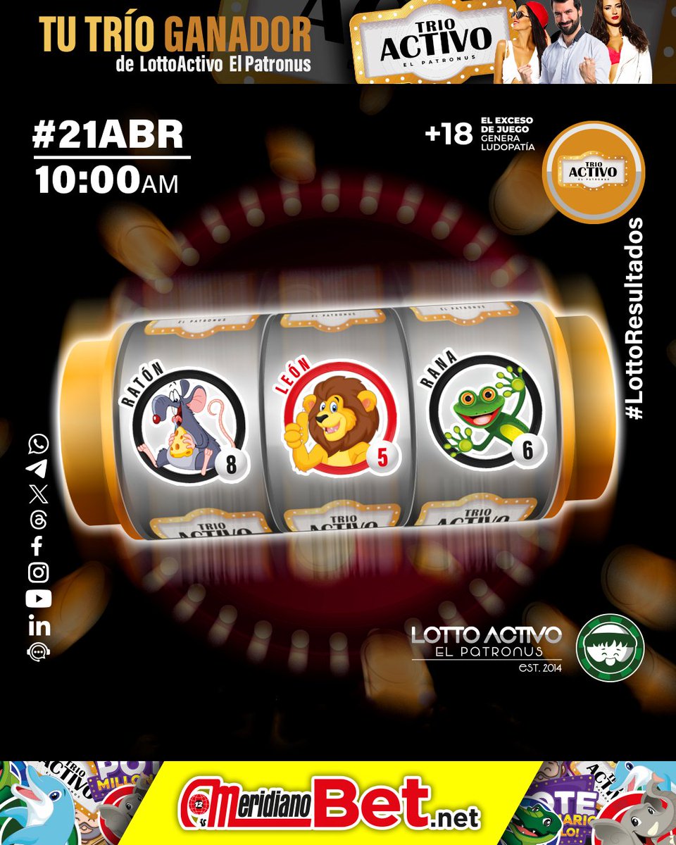 lottoactivo's tweet image. #lottoresultado del 21/04/2026
Hora: 10:05 am

Monje Millonario
Sorteo N° 488-C

Patronus
Sorteo N°2754-C

Triple
Sorteo N°2660

#venezuela #elpatronus #trioactivo

Siempre LottoActivo