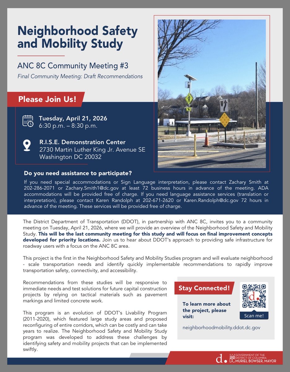 Hi Neighbors,
Get Ready! This evening DDOT, in partnership with ANC 8C is hosting Community Meeting #3 to share updates on the ANC 8C Neighborhood Safety and Mobility Study. This is the final community meeting for this study so don’t miss it! We’ll see you there.